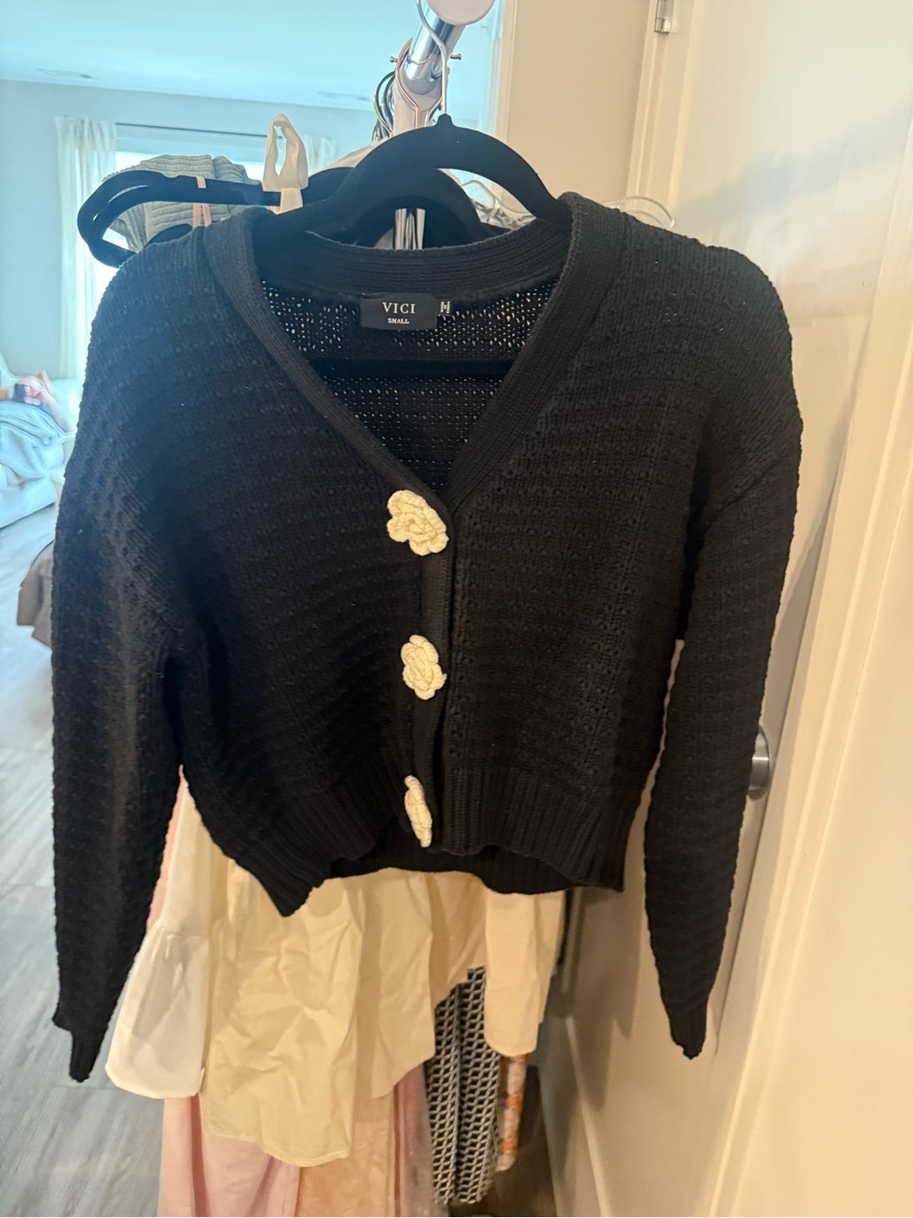 VICI Black Cropped Knit Cardigan with Cream Flower Buttons